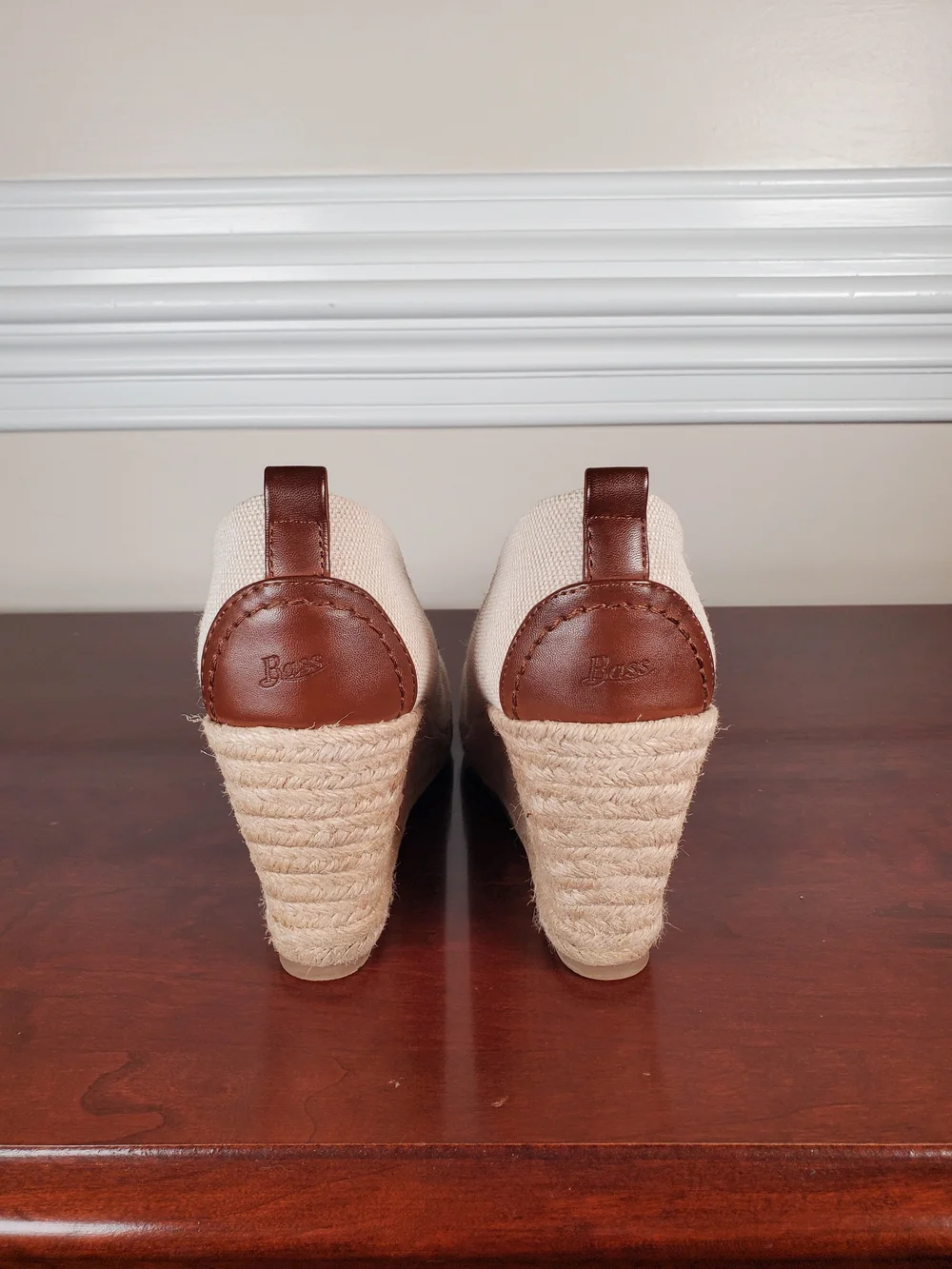 G.H. Bass & Co. - Kaitlyn Beige Canvas and Brown  Faux Leather Espadrille Wedges